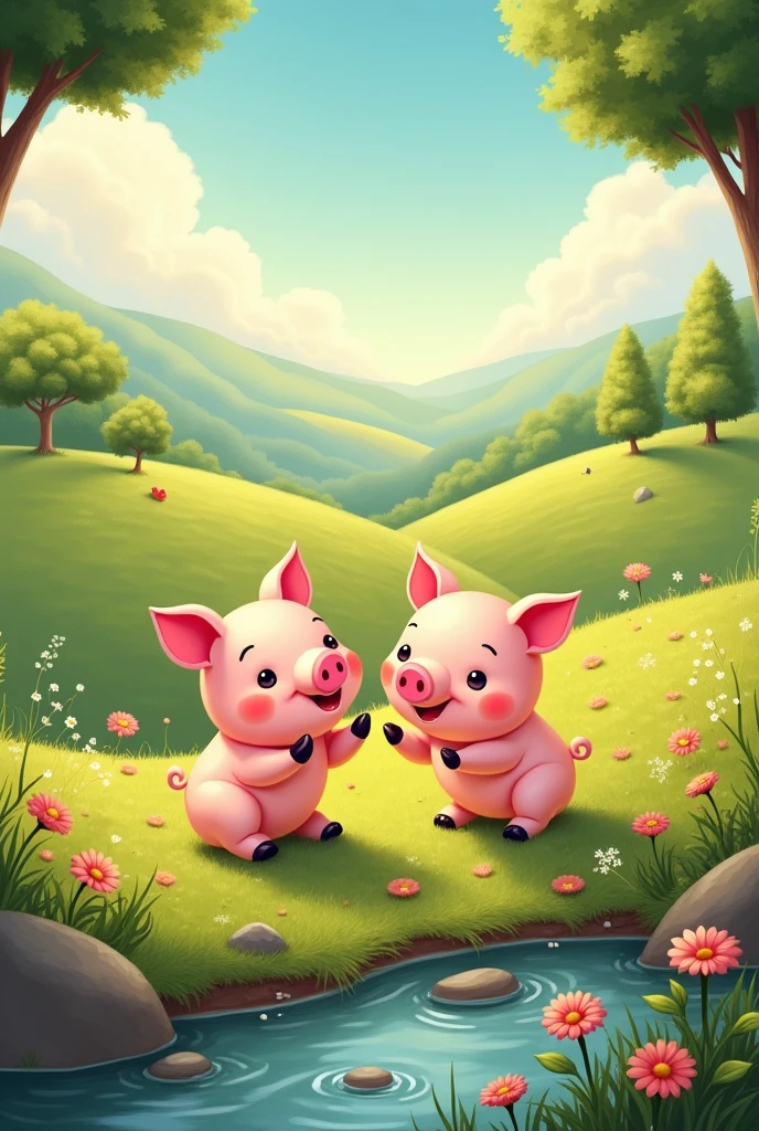 Create an image that contains a landscape and two pigs in drawing