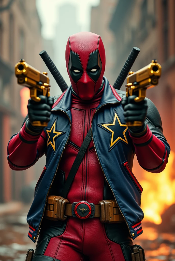 Deadpool 3 in Dallas Cowboys jacket shooting golden guns
