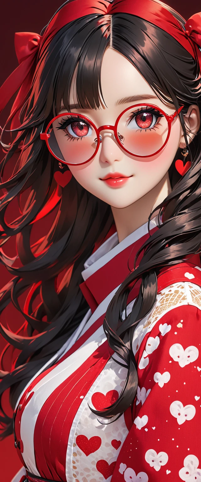 a doll dressed like a woman, with glasses and a heart shape on her cheeks, 1girl, solo, round eyewear, long hair, black hair, red eyes, looking at viewer, red-tinted eyewear, tinted eyewear, glasses,HoloDayo XL