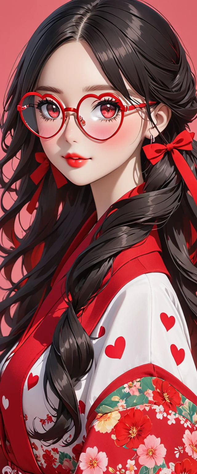 a doll dressed like a woman, with glasses and a heart shape on her cheeks, 1girl, solo, round eyewear, long hair, black hair, red eyes, looking at viewer, red-tinted eyewear, tinted eyewear, glasses,HoloDayo XL