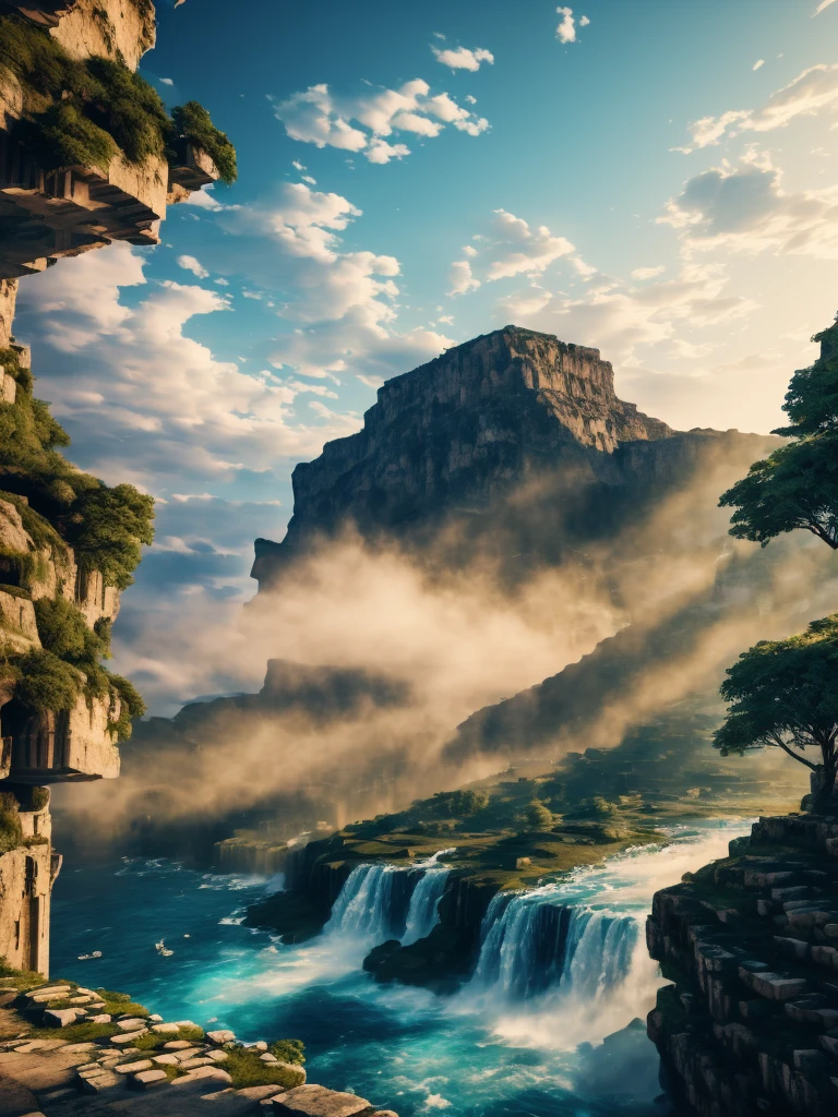 Parthenon，on the cliff，waterfall，look up，Blue water，Rendered by Octane,(masterpiece), (Extremely detailed and highest quality CG Unity 8K Wallpapers Best Best Illustrations)，photo grade，Super realistic light and shadow，halo