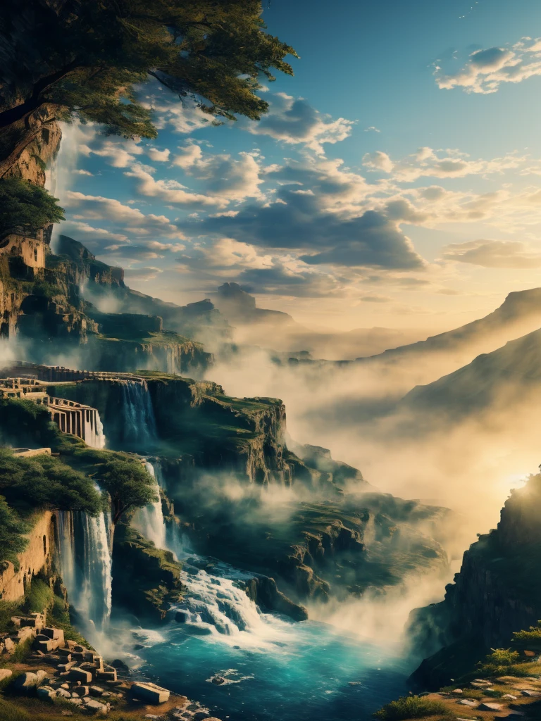 Parthenon,on the cliff,waterfall,look up,Blue water,Rendered by Octane,(masterpiece), (Extremely detailed and highest quality CG Unity 8K Wallpapers Best Best Illustrations),photo grade,Super realistic light and shadow,halo