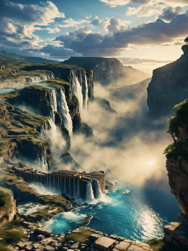 Parthenon，on the cliff，waterfall，look up，Blue water，Rendered by Octane,(masterpiece), (Extremely detailed and highest quality CG Unity 8K Wallpapers Best Best Illustrations)，photo grade，Super realistic light and shadow，halo