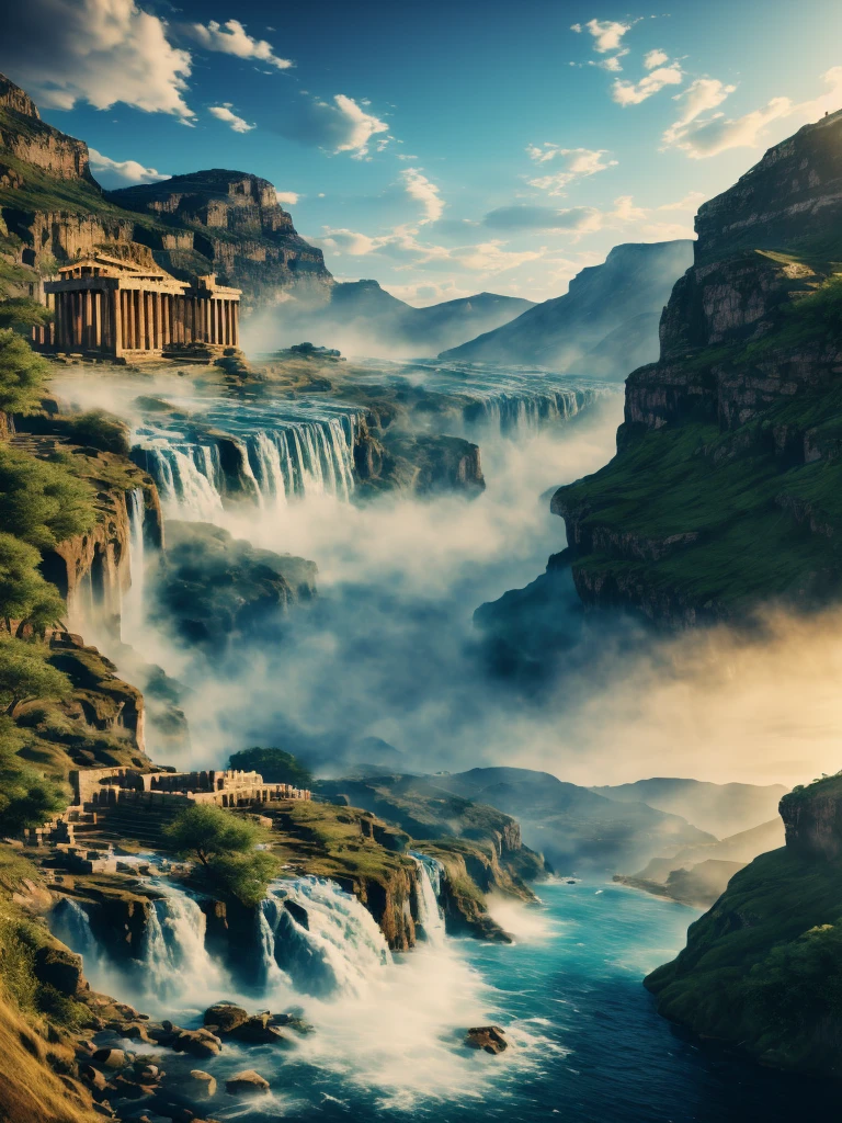 Parthenon,on the cliff,waterfall,look up,Blue water,Rendered by Octane,(masterpiece), (Extremely detailed and highest quality CG Unity 8K Wallpapers Best Best Illustrations),photo grade,Super realistic light and shadow,halo