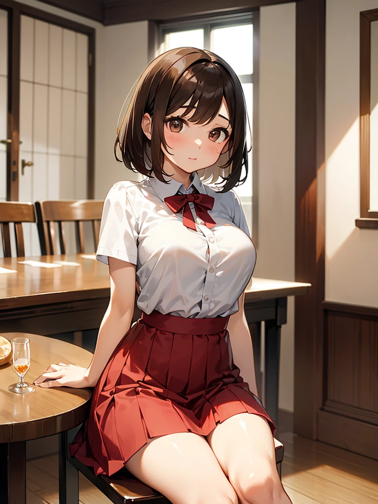浮かない表情 暗い部屋 妊娠検査medicine:1.9 Brown Hair:1.3. Wavy Hair:1.3. Bob Cut Hair:1.6. Round Eyes Beauty:1.3. Well-shaped breasts, large breasts, brown eyes, side-swept bangs:1.6. My cheeks are red:1.3. On the table (medicine:1.3) A small glass of clear water, a white blouse, short sleeves, stylish, a red long skirt:1.3. Western-style room in an apartment:1.3. Sit on a chair at a table