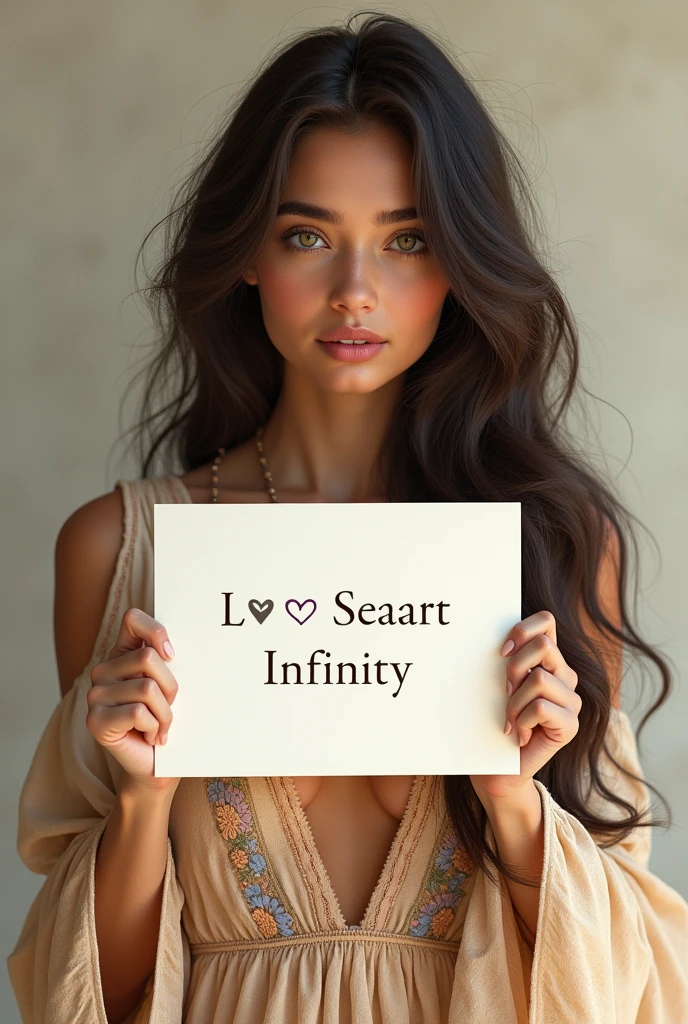 Beautiful girl with wavy long hair, bohemian dress, holding a white board with text "I Love Seaart Infinity" and showing it to the viewer