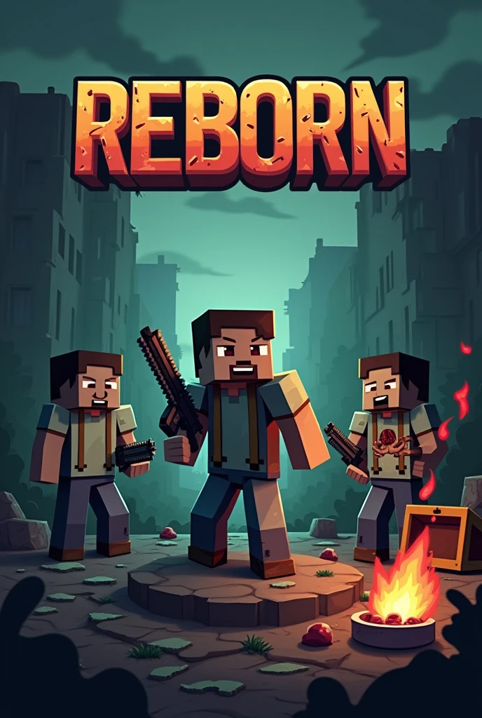 Design a Minecraft-style post-apocalyptic survival game logo in pixel art. The central focus is a pixelated character holding a gun, standing ready for battle. To the side, add another pixelated character interacting with an open Minecraft-style chest, suggesting scavenging or looting. Surround these characters with elements that suggest a zombie-infested world, including pixelated zombies, broken buildings, and dark, moody lighting. Add pixelated text at the top of the image that reads '救赎之路 Reborn' in a bold, blocky font. The overall color palette should be gritty and muted, with shades of gray, brown, and dark green, reflecting the bleak and dangerous environment.