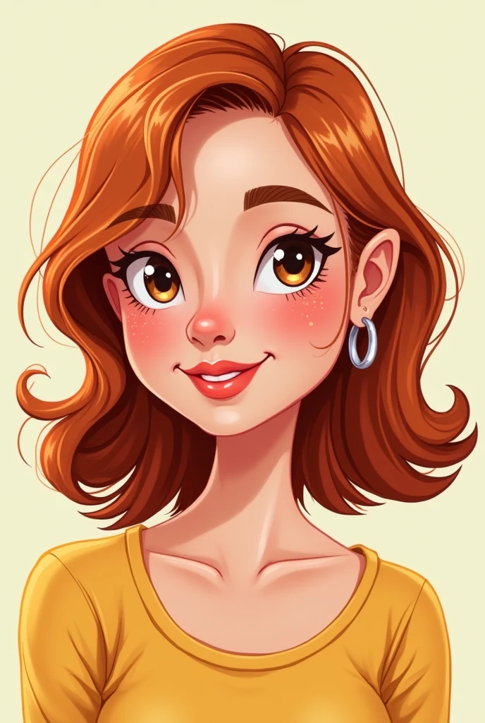 Cartoon image of a 29-year-old Venezuelan girl, white skin color and brown eyes, shoulder length copper colored hair, Her hair is between straight and wavy, She is thin and weighs 50kg, stomach 1,50 cm, Her nose is small and she has very subtle freckles., Her lips are thin and have a marked cupid&#39;s bow, and have a nice blouse without a neckline 