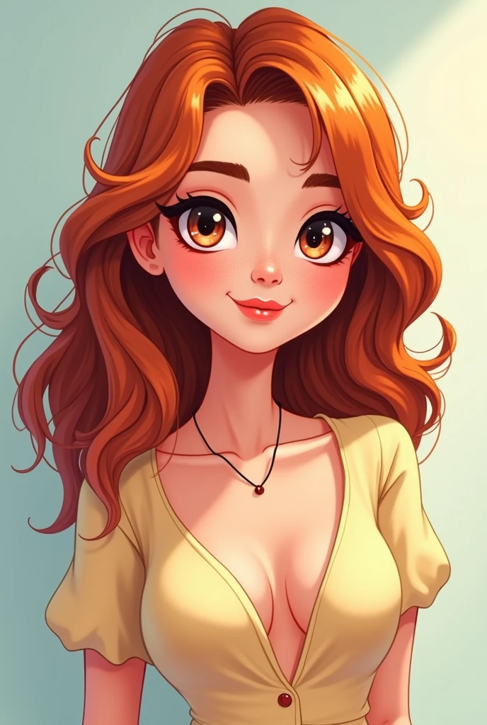Cartoon image of a 29-year-old Venezuelan girl, white skin color and brown eyes, shoulder length copper colored hair, Her hair is between straight and wavy, She is thin and weighs 50kg, stomach 1,50 cm, Her nose is small and she has very subtle freckles., Her lips are thin and have a marked cupid's bow, and have a nice blouse without a neckline