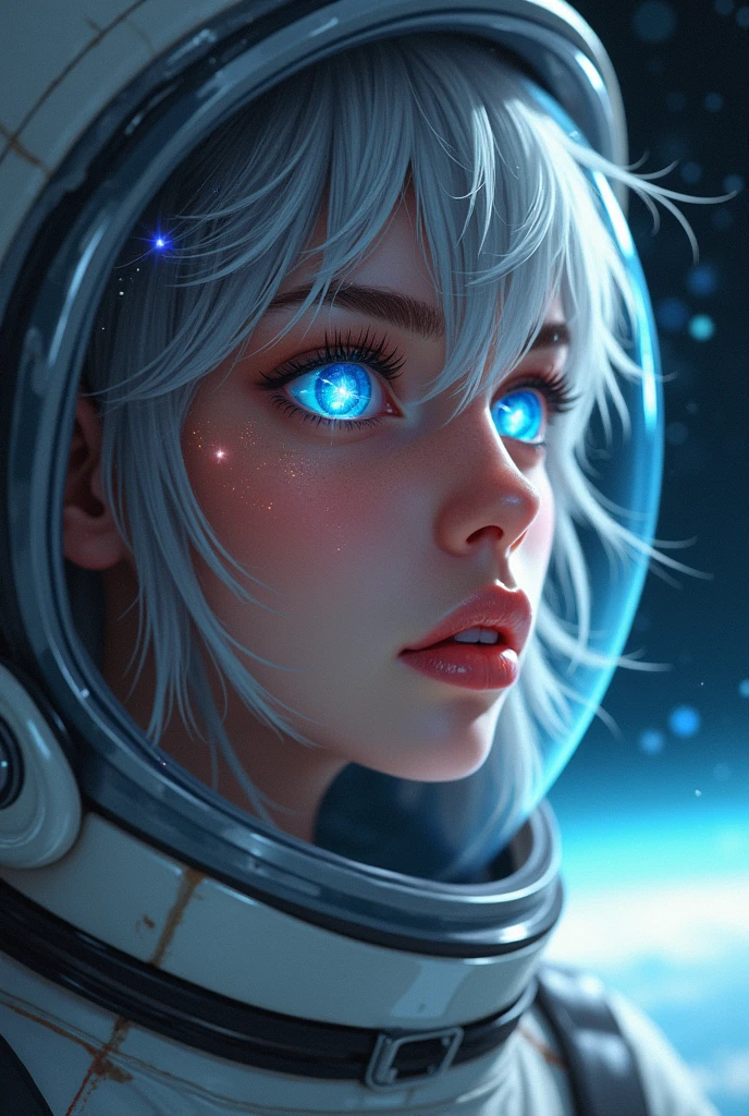 (Close-up of a better masterpiece:1.5)0.9], (Space and astronauts:1.2) (Messy silver hair:1.1) (Heterochromia xanthochromia and blue eyes:1.2) (Space Helmet:1.0) (Colored stars in the eyes:1.0) (A radiant glow:1.1) (thick lips:0.9)