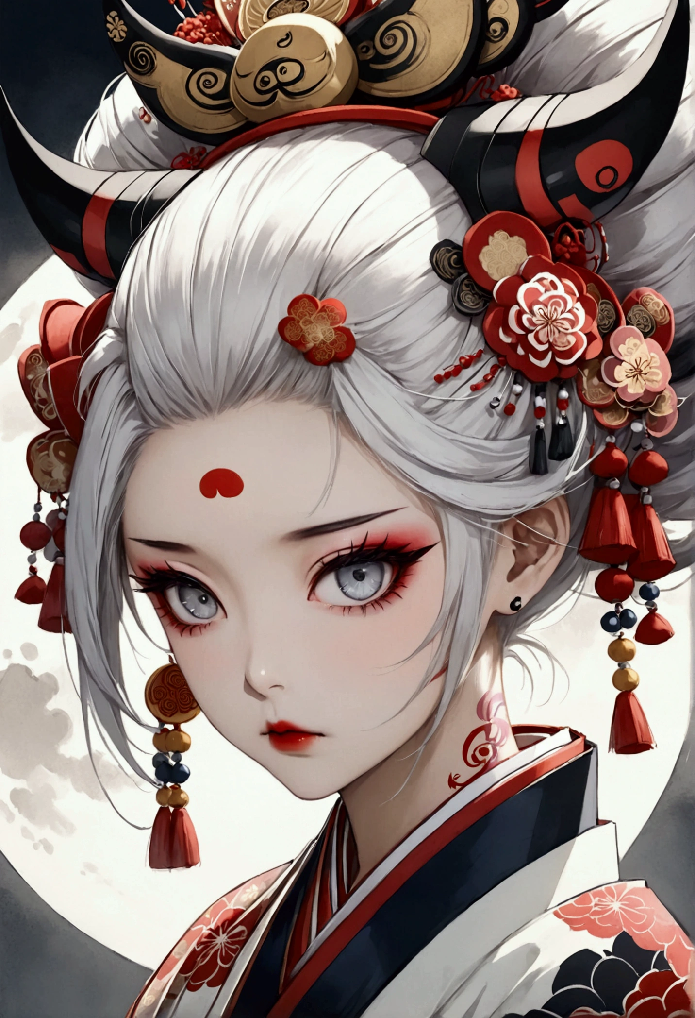 Ink painting, (((1 girl))), (((Tattoo in the middle of the forehead))),(((In the background is the Akatsuki moon))), (((Oiran))), (((Great hair accessories))), Japanese style headphones, Demon possession, (((Silver eyes))),Face up close, Japanese beauty, White hair, Sensitive and precise, Modern Ukiyo-e style