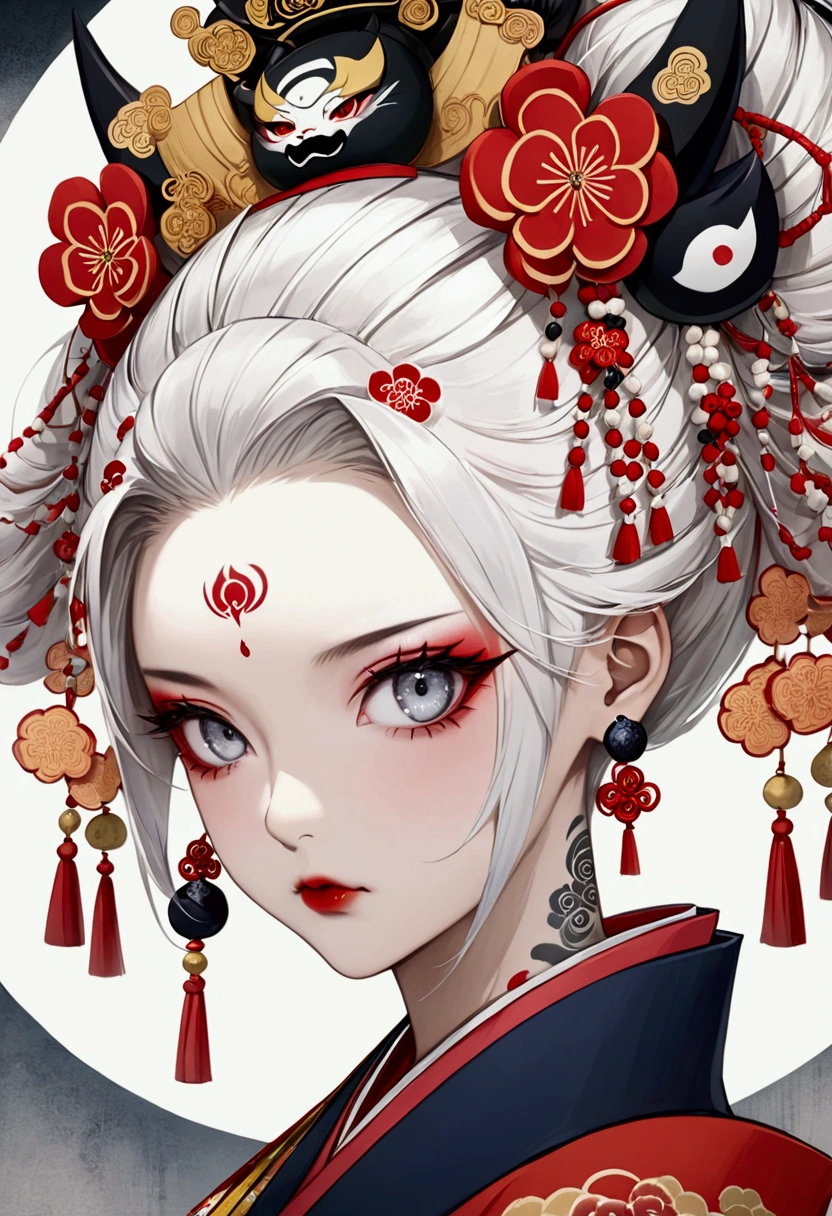 Ink painting, (((1 girl))), (((Tattoo in the middle of the forehead))),(((In the background is the Akatsuki moon))), (((Oiran))), (((Great hair accessories))), Japanese style headphones, Demon possession, (((Silver eyes))),Face up close, Japanese beauty, White hair, Sensitive and precise, Modern Ukiyo-e style