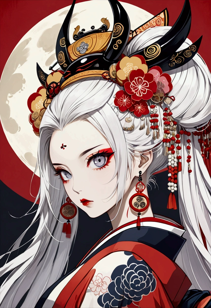 Ink painting, (((1 girl))), (((Tattoo in the middle of the forehead))),(((In the background is the Akatsuki moon))), (((Oiran))), (((Great hair accessories))), Japanese style headphones, Demon possession, (((Silver eyes))),Face up close, Japanese beauty, White hair, Sensitive and precise, Modern Ukiyo-e style