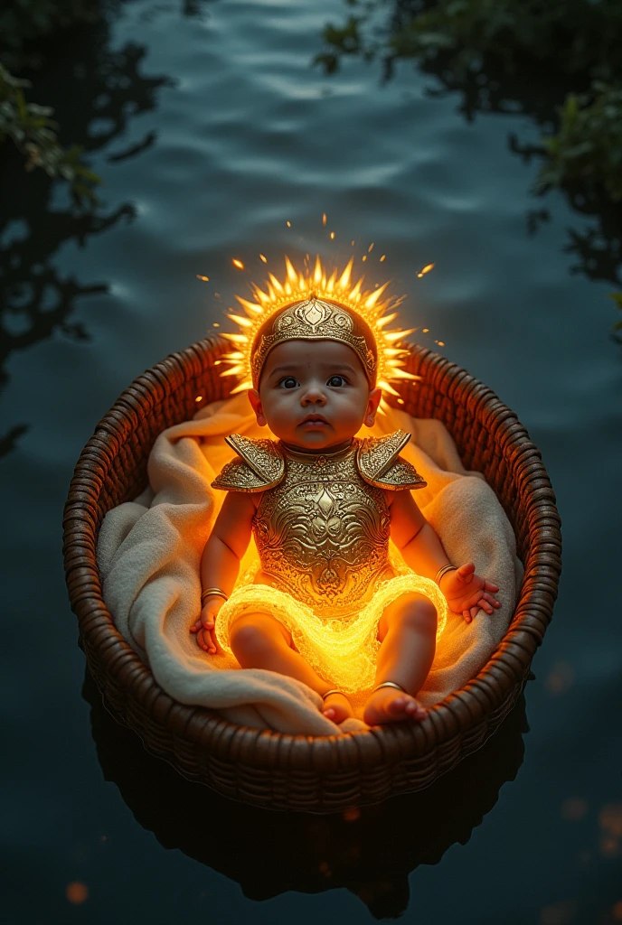 Small baby with the armour given by the Sun god with golden earrings from Surya Dev with the glow of the sun in whole body a great warrior in his destiny in river lying inside a basket in night image from top angle