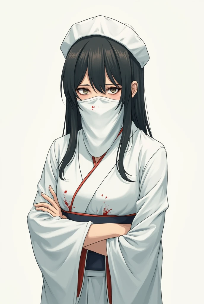 (One very tall woman with her hair in twin tails, exposing her forehead.,Navy Blue Hair,yellow eyes,Medium Bust,Bloody Face,Black haori,Black Hakama,Wear a grey scarf around your neck)