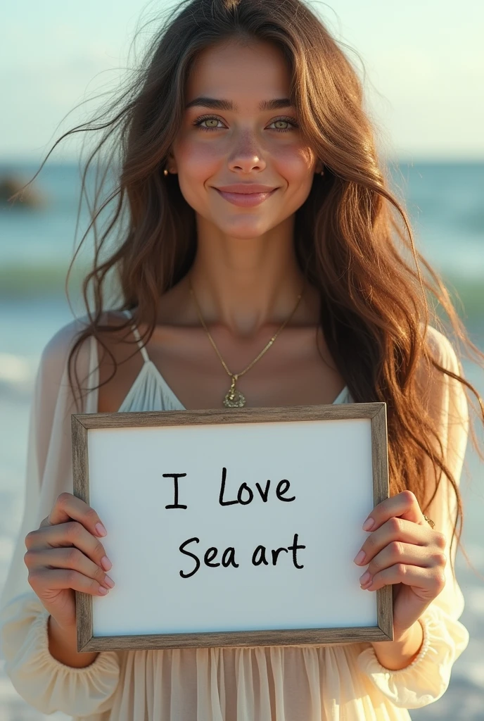 Beautiful girl with wavy long hair, bohemian dress, holding a white board with text "I Love Seaart Infinity" and showing it to the viewer naked