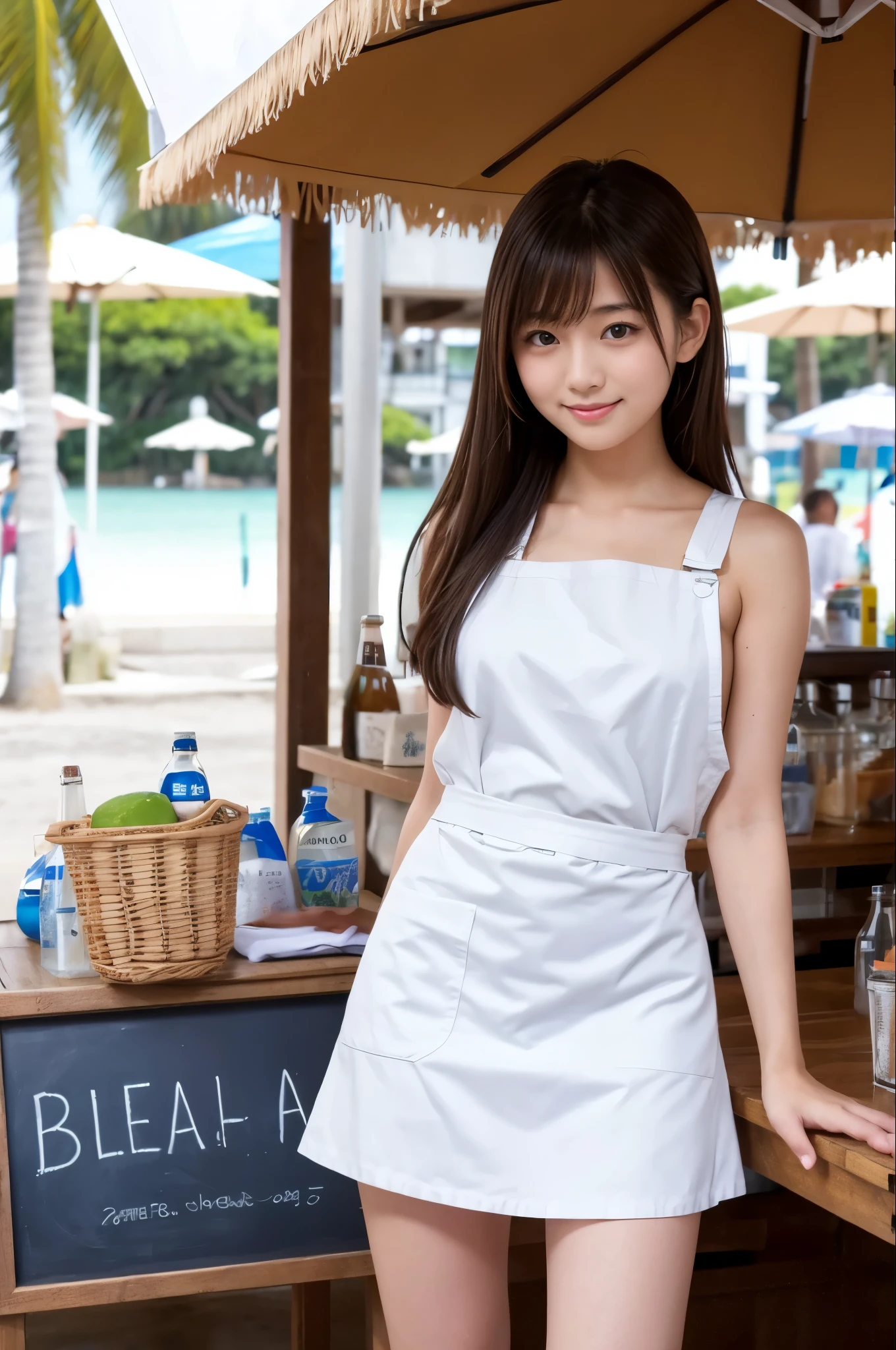 20 years old girl (Japanese pretty face) is wearing white apron, mini skirt at the beach bar