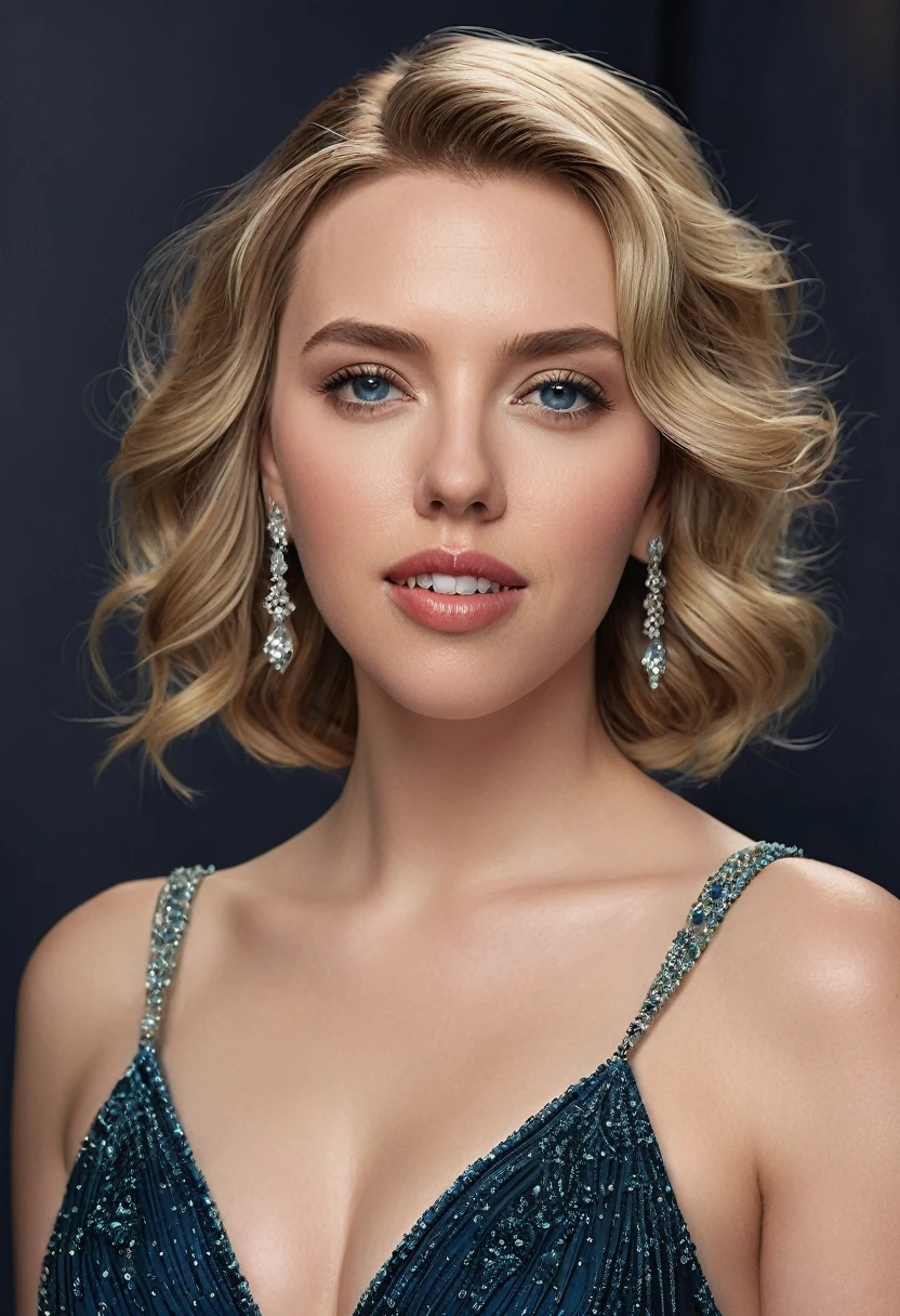 Generate a highly realistic portrait of a woman resembling Scarlett Johansson, focusing on her mesmerizing eyes. Her eyes should be a striking blue-green with detailed depth, natural sparkle, and well-defined lashes. She has smooth, fair skin and a subtle, confident smile. Her blonde hair is styled in loose, glamorous waves. She’s wearing an elegant, floor-length, midnight blue gown with delicate beading along the neckline. The background features a softly lit, luxurious setting like a high-end event or glamorous party, with warm, ambient lighting that enhances the vividness of her eyes and the richness of her gown