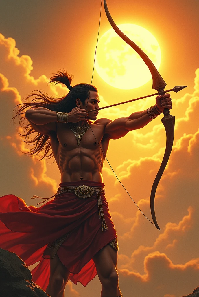 Karna raising bow and arrow towards his father Surya god