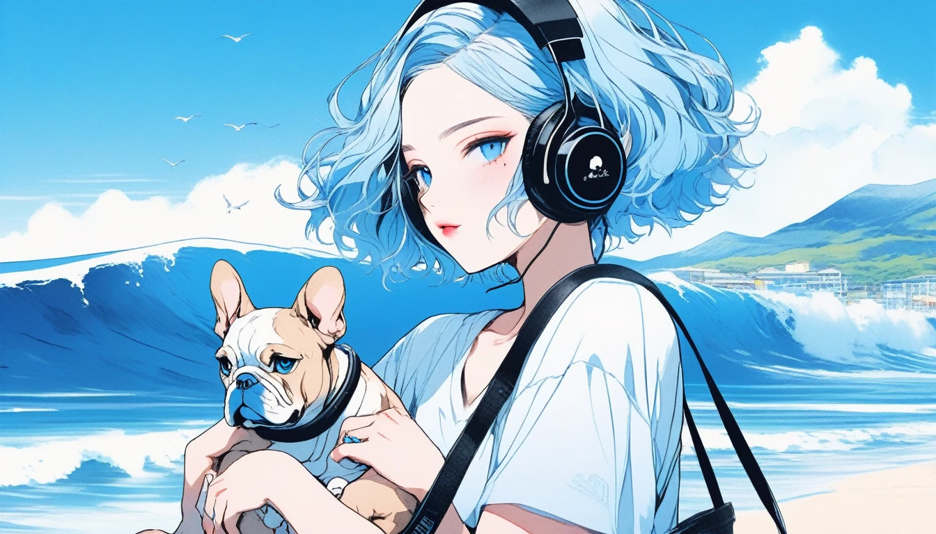 Illustrator, anime , Realistic ,sketch , An adult woman holding a cute bulldog puppy wearing headphones, lip, nail、T-shirt,order,Textured Trim, (masterpiece,Highest quality) Blue background, Neon Hair,Textured Trim, Canadian, (masterpiece,Highest quality) Cancer,Summer landscape、Seaside、Blue sky、white waves、Vision、Resort