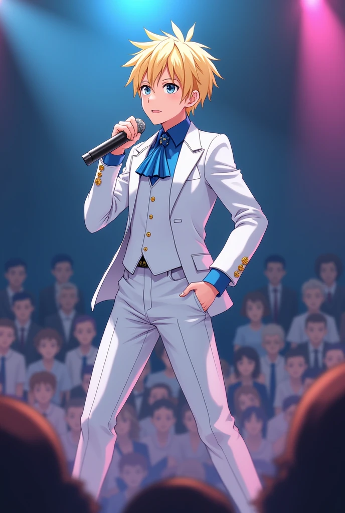 I drew a high school boy doing a show with blonde hair.、He is wearing a white outfit with a blue collar.