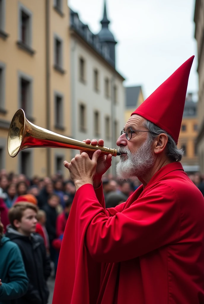 Man blowing a horn、Dressed like a red wizard、In the city、The church can be seen in the background of the image.、Behind the man are rows of children.