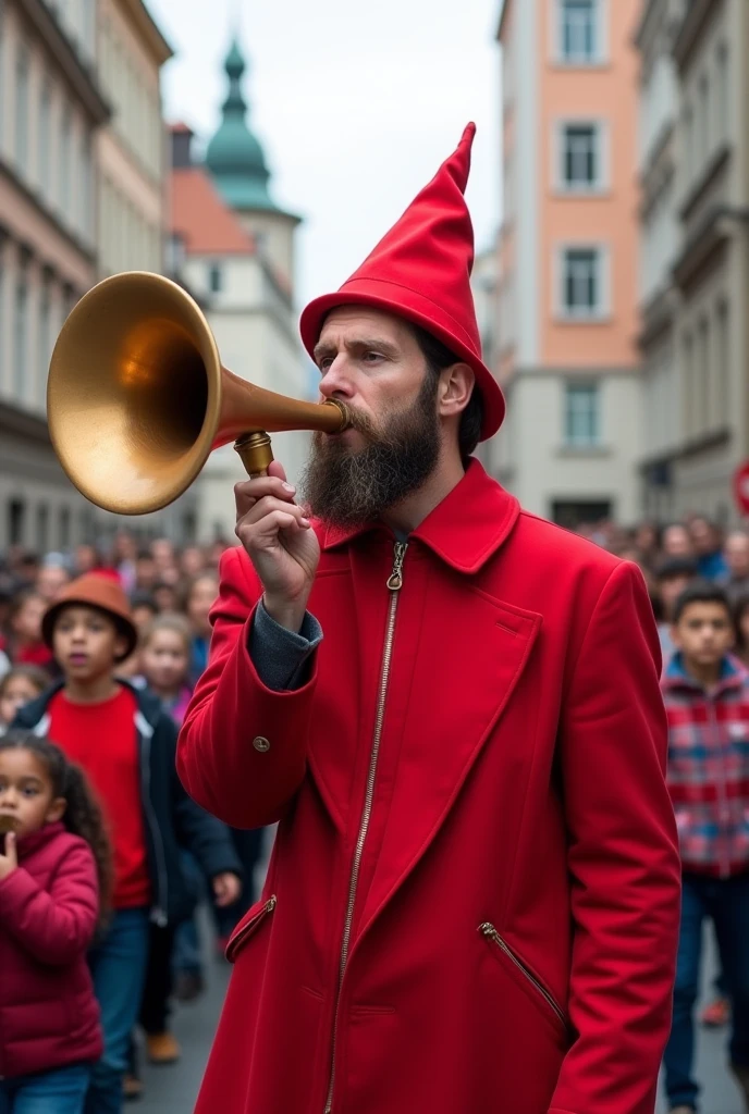 Man blowing a horn、Dressed like a red wizard、In the city、The church can be seen in the background of the image.、Behind the man are rows of children.