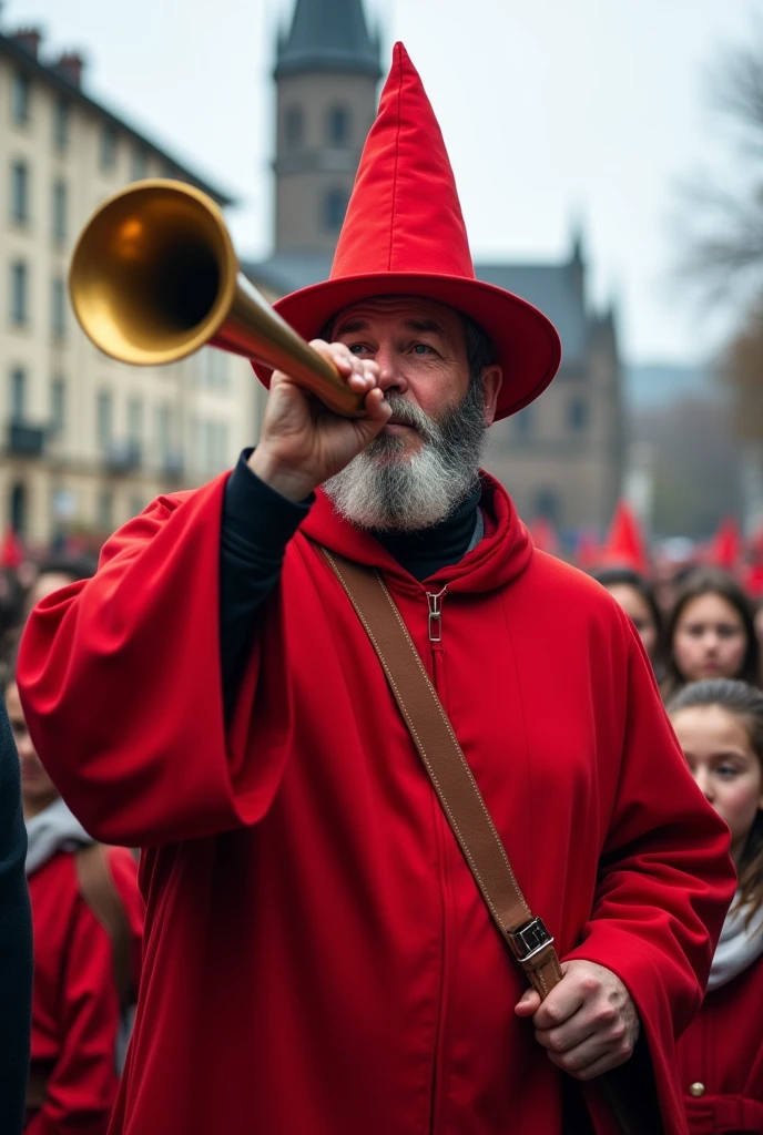 Man blowing a horn、Dressed like a red wizard、In the city、The church can be seen in the background of the image.、Behind the man are rows of ren.