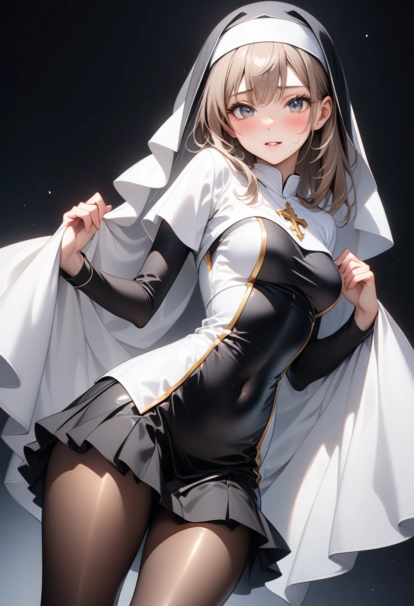((Golden decoration)), ((traditional nun)),, ((skirt)), ((pantyhose)), ((Shiny Costumes)), skindentation, skinny, solo, 1 woman, Masterpiece, highest quality, highest quality, 16K, incredibly absurd, highly detailed, 2.5D, ai-generated, delicate and dynamic, very delicate facial expressions, delicate eye depiction, erotic, only sexy woman, ((A cute and kind face)), healthy figure, ((25-year-old woman)), 160cm tall, medium firm swaying bust, , blush, Sweat,Embarrassed,sexy, ((thin thighs)), (camel toe:0.7), (visible nipples:0.3), (Erect nipples,:0.7), shiny and lustrous, facing straight at viewer, (((in heat))), ((Oily_skin)),, ((dutch angle)), ((erotic pose)), Dynamic Pose,
