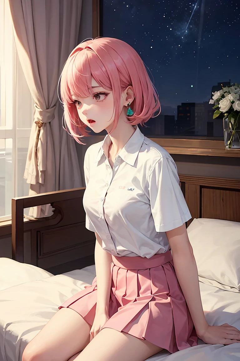 masterpiece, top quality, best quality, official art, beautiful and aesthetic,, , 1girl with ear, perfect figure, pink hair, complex details, secondary animation style,> bedroom, night, (white shirt, pink pleated skirt:), sleepy expression, yawn <,
