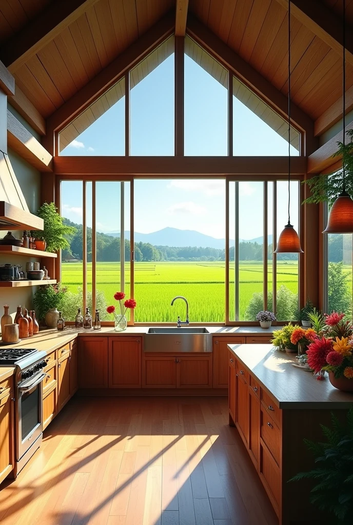 Big Kitchen interior , wood house style 
Beautiful flower decorations 
Rice field view 
