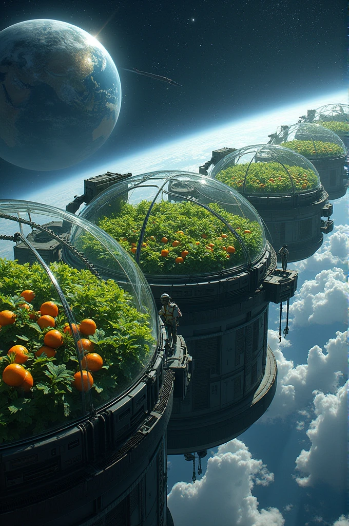 A space farming system floating in galaxy space around Earth on a large spaceship with several large glass domes. Inside, various types of plants vegetables and fruits are growing. These domes have light from the sun shining through the glass. and has an automatic watering and climate control system Robots working around