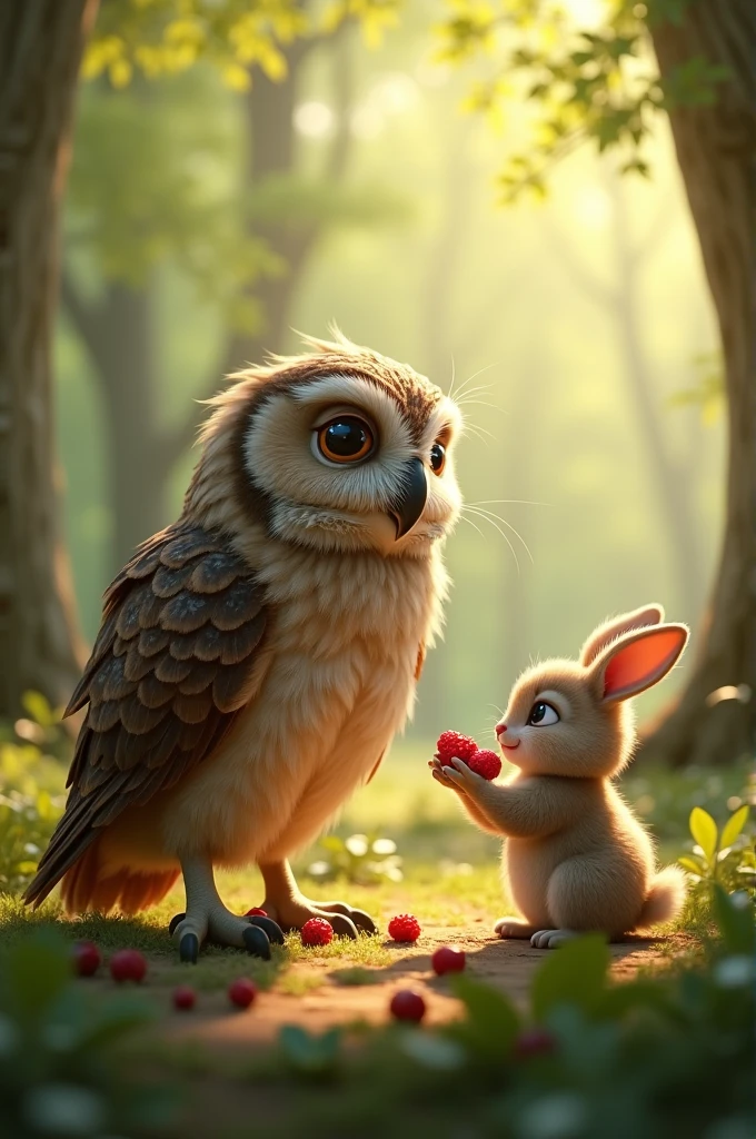 Nearby, a wise old owl named Oliver was watching. He saw Benny and realized that the little rabbit was in trouble. Oliver flew down and offered Benny some berries and a comforting hoot.