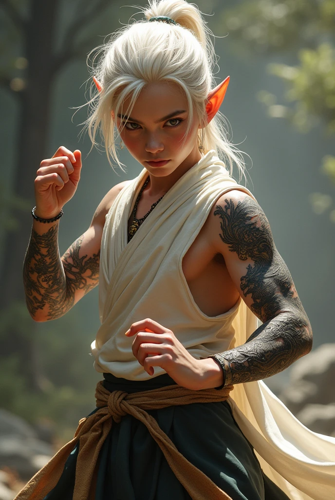 Young Elf male with white hair, monk in a fighting stance, fantasy style, realistic image kick grin ,dragon tattoos on arms