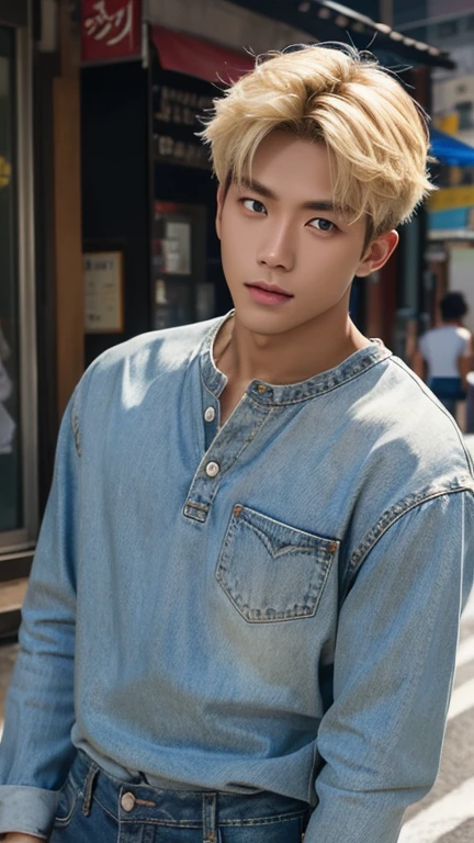 1 male, Korean, Host wind, Blonde, Upper body naked,jeans, Dark Skin, Muscular, face, Realistic, photograph, Posing, real photograph, Street