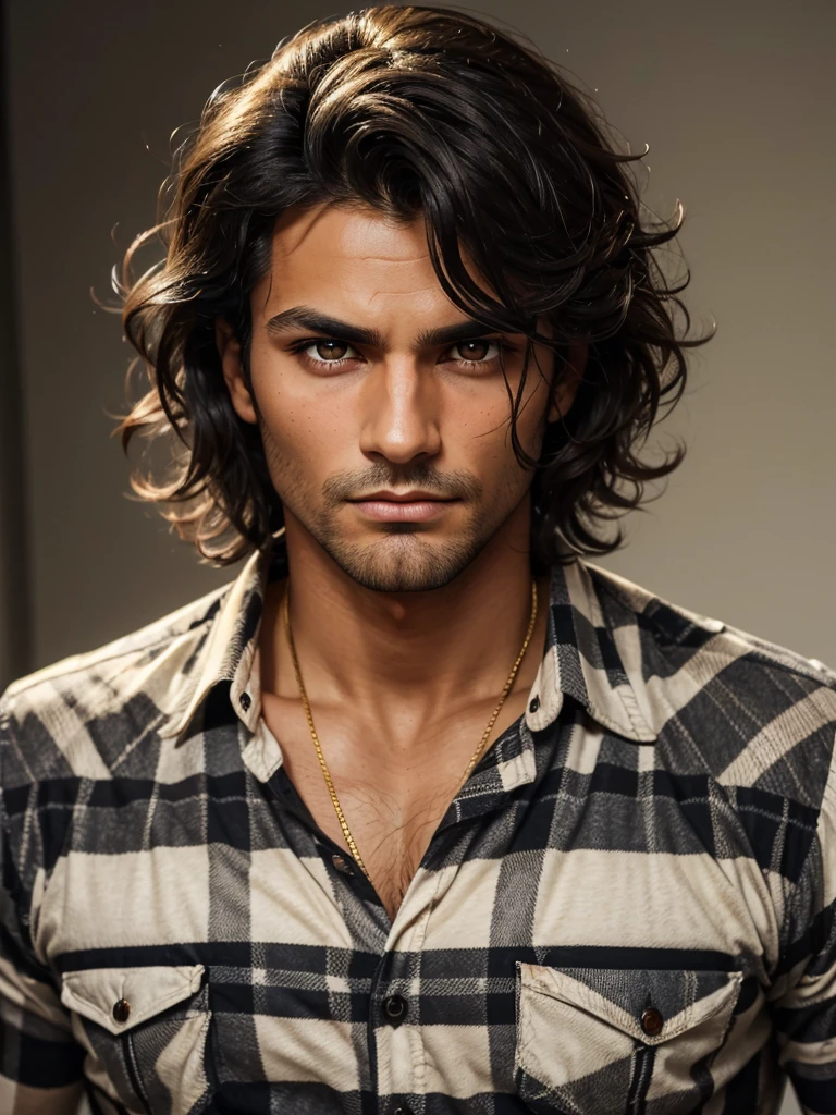 (best quality), 1boy, Male, tanned skin, black hair, wavy hair, medium hair, tousled hair, golden eyes, perfect eyes, strong jawline, stubble, hairy, plaid shirt, scar across eye, broad, muscular, rugged, serious expression, masterpiece, anatomically correct, highres