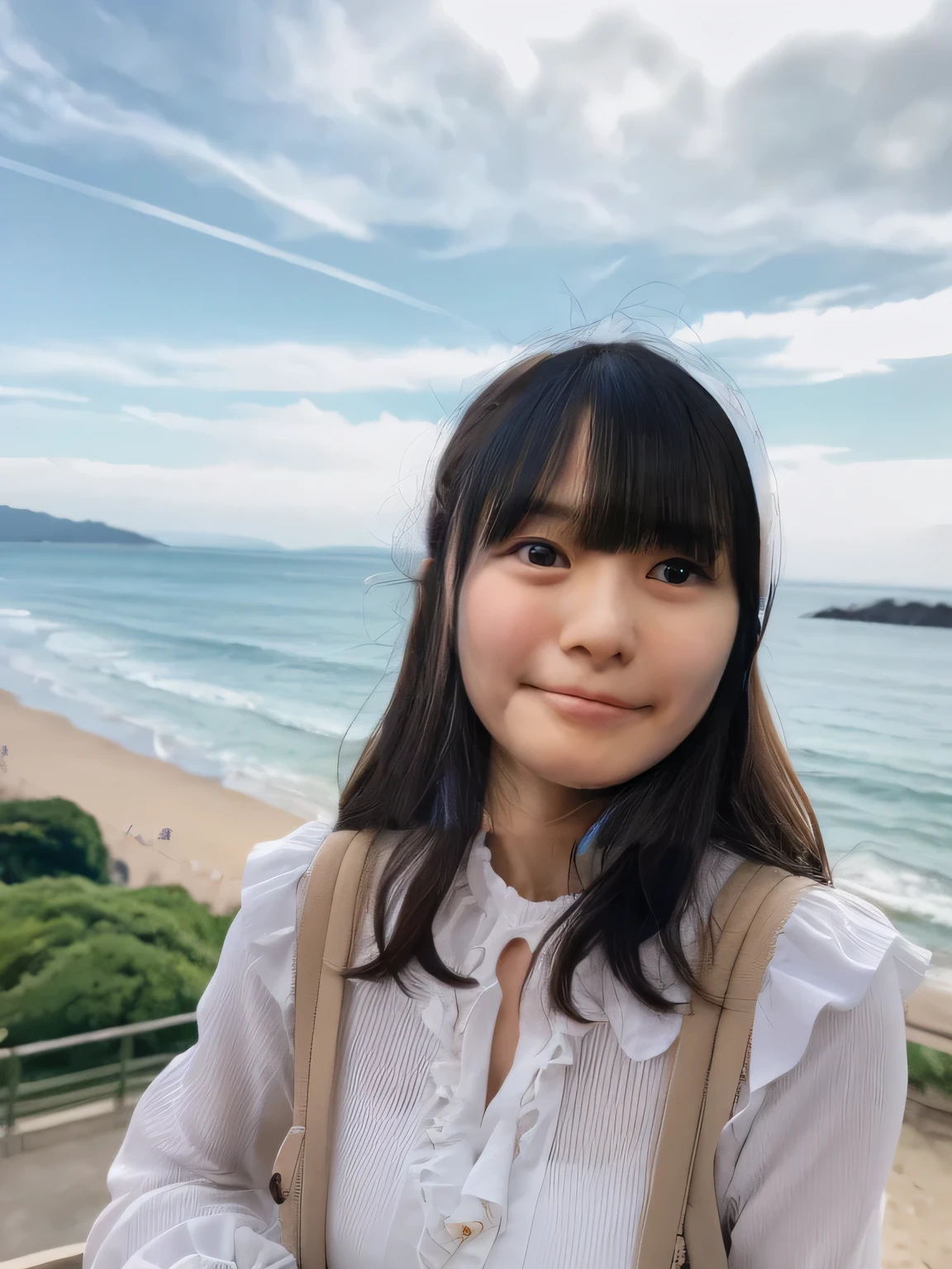 Highest quality,Super detailed,A woman looking at the camera on the beach at Enoshima,Long sleeve white blouse,Blouses with ruffles,Posing for a photo,She is carrying a cute beige backpack.,Distant scenery is blurry