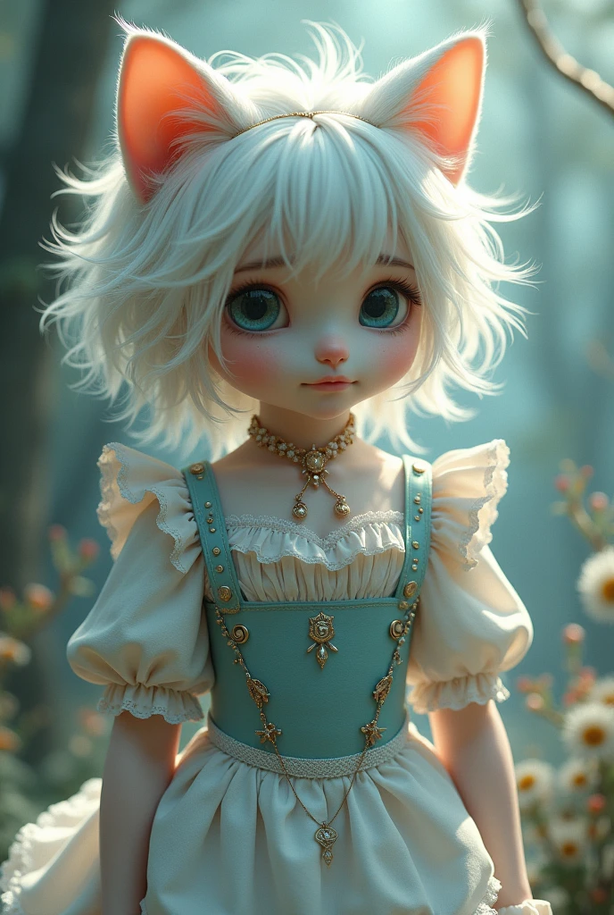 cat boy with white long messy hair with light blue eyes, wearing maid dress