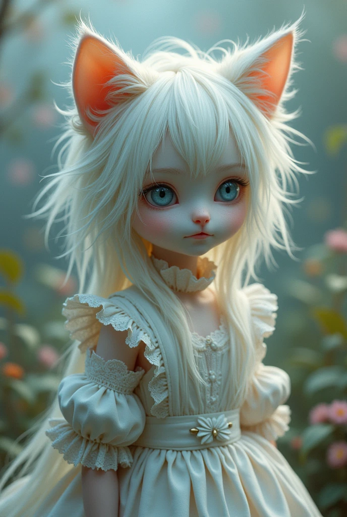 cat boy with white long messy hair with light blue eyes, wearing maid dress