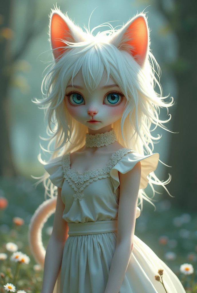 cat boy with white long messy hair with light blue eyes, wearing maid dress