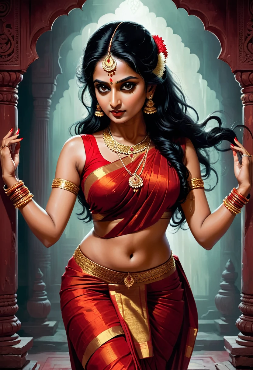 Digital illustration with a dark, eerie style. The layout features a central figure, ancestral historical idol of an indian woman with long, disheveled black hair, towards the viewer., bharatnatyam dancing pose , Her skin is pale, and her eyes are glowing white, big breast, sexy, scary looks, giving her a menacing appearance. The woman is dressed in a red short saree (sleeveless) , showing thighs and legs, anket in leg, dark atmosphere, scary bloody ambience