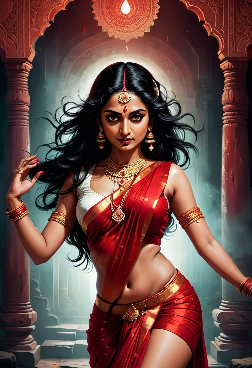 Digital illustration with a dark, eerie style. The layout features a central figure, ancestral historical idol of an indian woman with long, disheveled black hair, towards the viewer., bharatnatyam dancing pose , Her skin is pale, and her eyes are glowing white, big , sexy, ry looks, giving her a menacing appearance. The woman is dressed in a red short saree (sleeveless) , showing thighs and legs, anket in leg, dark atmosphere, scary bloody ambience