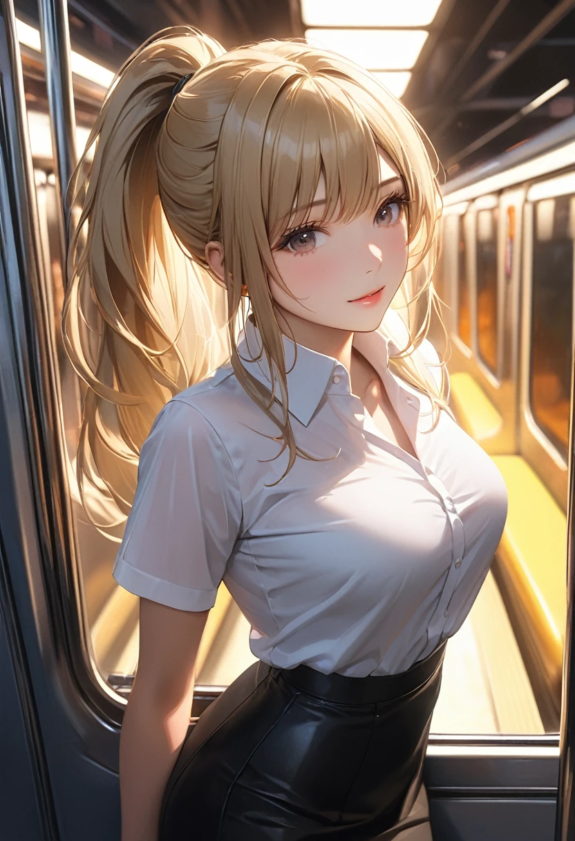最high quality, masterpiece, High resolution,whole body, One girl,Short sleeve white blouse,Black tight skirt,Beautiful Face,On top of that_body,ponytail, Tyndall effect,Realistic, Dark business district, Rim Light, Two-tone lighting,(Skin with attention to detail:1.2), 8k uhd, Digital SLR, Soft lighting, high quality, Volumetric lighting, Frank, photograph, High resolution, 4K, 8k, Bokeh, Blonde, ((In a crowded train))