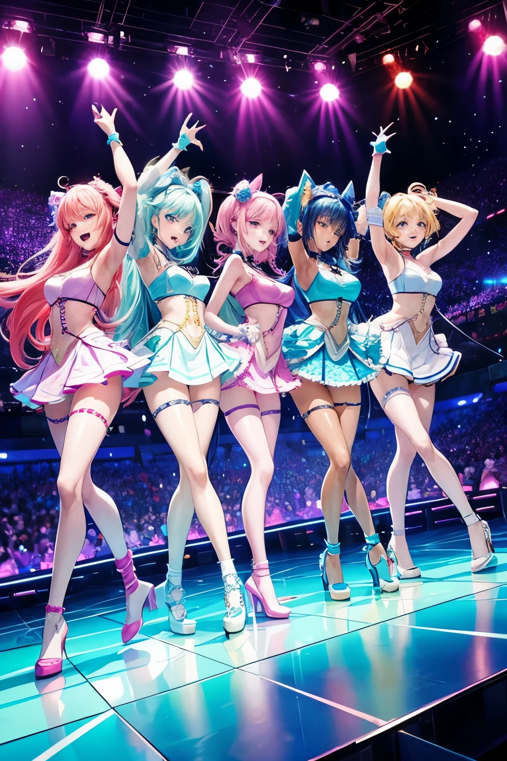 Create a digital art piece of a K-POP girl group called 'Luminous Dream.' The group consists of five members, each with distinct personalities and styles. They are dressed in colorful, glamorous outfits that reflect modern trends, posing energetically as if performing on stage. The background features a vibrant concert setting with bright lights and a cheering audience, capturing the excitement and positivity of their music.