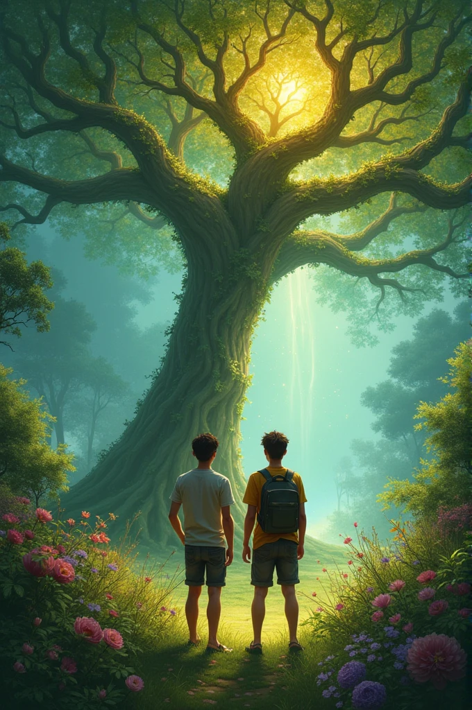 Two male friends standing in a garden and see a magical tree