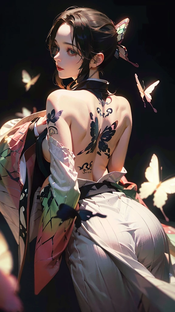 a woman wearing a traditional japanese kimono, ((large butterfly tattoo on her back)), beautiful detailed eyes, beautiful detailed lips, extremely detailed eyes and face, long eyelashes, detailed intricate kimono patterns, cinched waist, flowing sleeves, traditional japanese hairstyle, natural lighting, warm color tones,  ((large butterfly tattoo on her back))(best quality,4k,8k,highres,masterpiece:1.2),ultra-detailed,(realistic,photorealistic,photo-realistic:1.37),cinematic lighting,vibrant colors,detailed texture,intricate details,seamless,elegant,beautiful,graceful