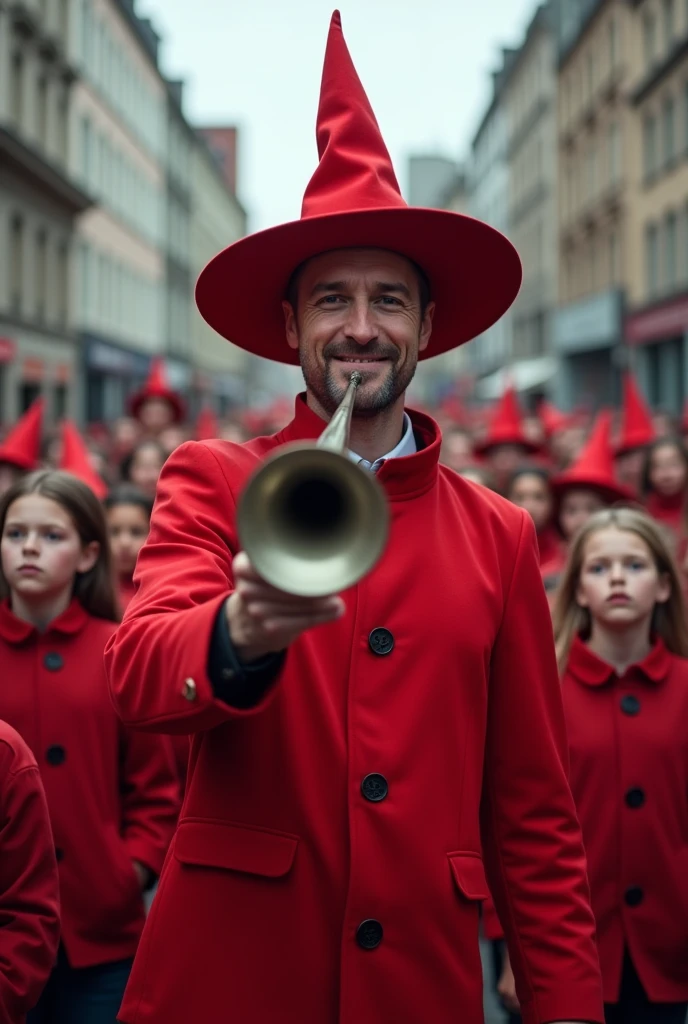 Man blowing a horn、The man is grinning、Dressed like a red wizard、In the city、The church can be seen in the background of the image.、Behind the man are rows of children.、The children have a blank look on their faces, as if they have been brainwashed.