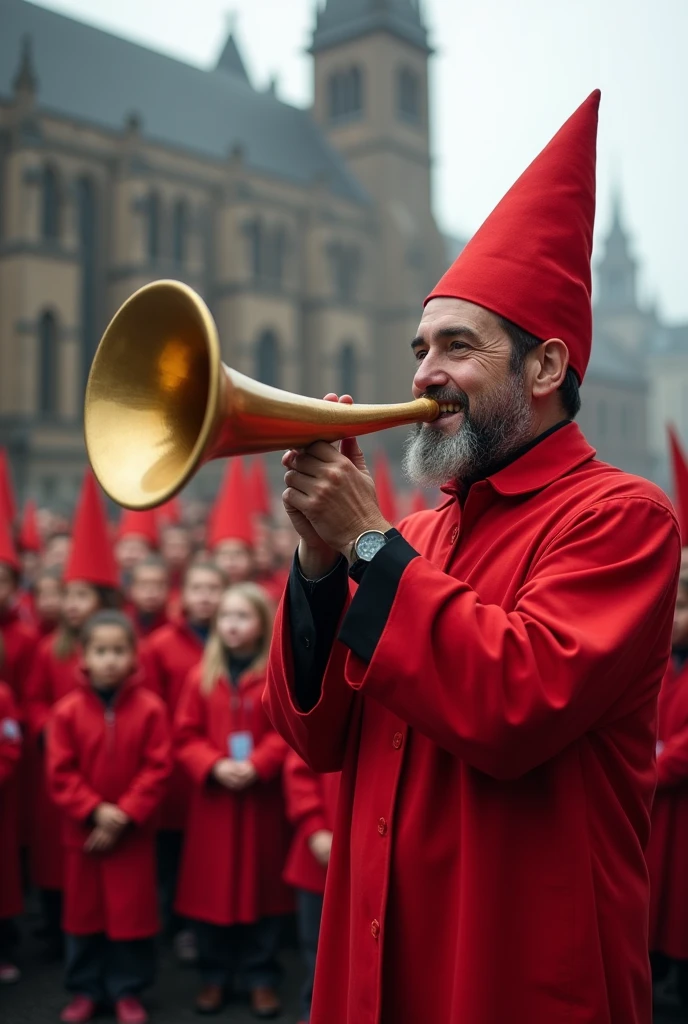 Man blowing a horn、The man is grinning、Dressed like a red wizard、In the city、The church can be seen in the background of the image.、Behind the man are rows of children.、The children have a blank look on their faces, as if they have been brainwashed.