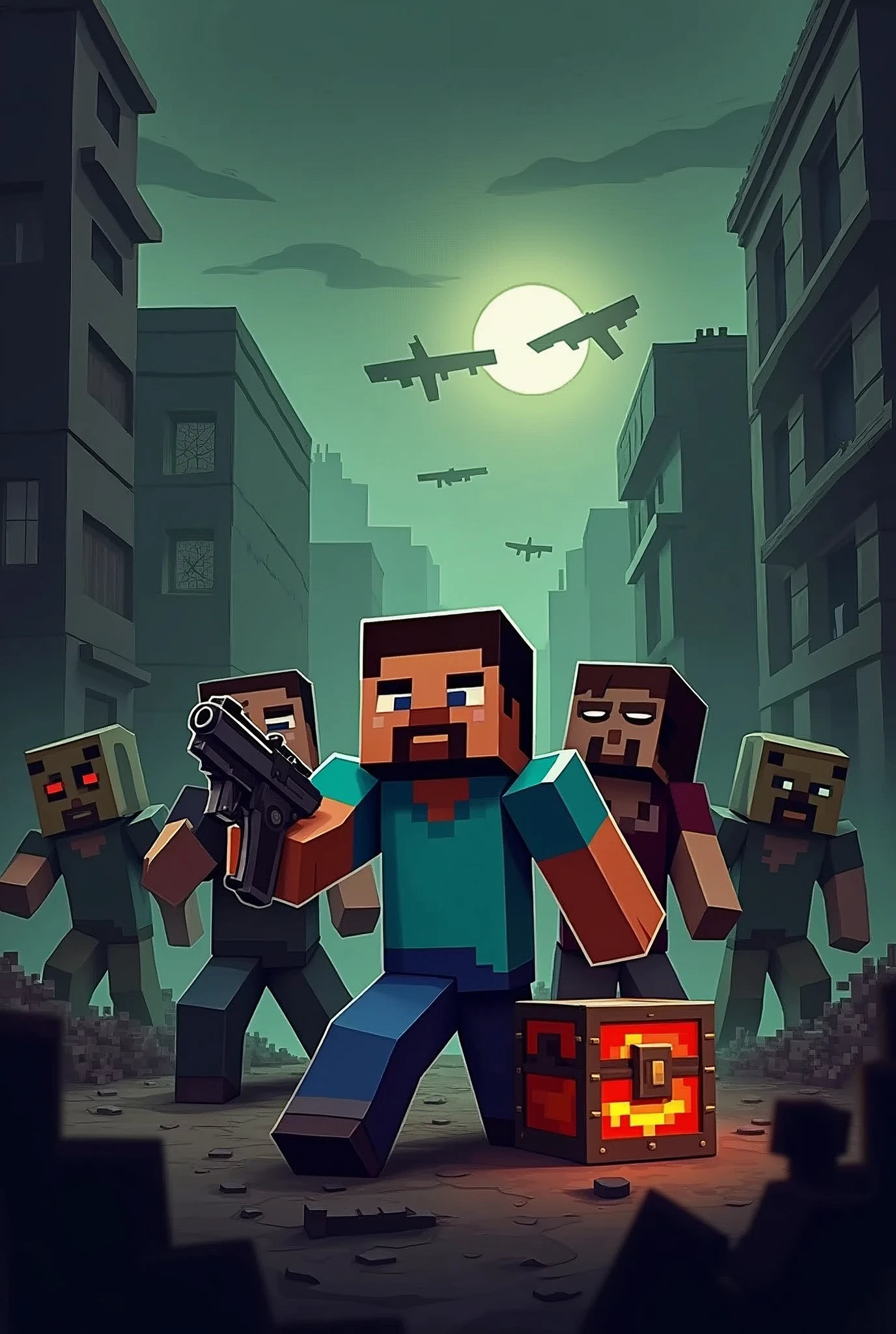 Design a Minecraft-style post-apocalyptic survival game logo in pixel art. The central focus is a pixelated character, styled after Minecraft game skins, holding a gun and standing ready for battle. To the side, add another Minecraft-style character opening an iconic Minecraft chest, suggesting scavenging or looting. Surround these characters with elements that suggest a zombie-infested world, including pixelated zombies, broken buildings, and dark, moody lighting. Add pixelated text at the top of the image that reads '救赎之路 Reborn' in a bold, blocky font. The overall color palette should be gritty and muted, with shades of gray, brown, and dark green, reflecting the bleak and dangerous environment.