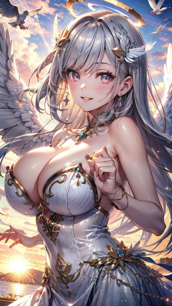 Particles of light, (Dazzling Light:1.2),(1 Angel Girl:1.2),26yo,Nice, Adult face,Beautiful Face, (Face close-up:1.1),Big Breasts(Large Breasts:1.2),Big angel wings on his back(Giant angel wings:1.2),(Cute Smile:1.2), pink gold long hair, Silver Eyes, Detailed eyes, (Huge bright halo:1.2),(Decorative halo:1.2),Face close-up,(Putting jewelry in your hair:1.2), (hair ornaments:1.2),(Dress Sparkle:1.2),(Detailed decoration on the dress:1.2),(Reflection of the dress:1.2),(A strong wind is blowing), fly in the sky, , (dawn:1.2), (Heaven in the background:1.2), Huge sky, cloudy,(Light of the sun:1.2), (Lens flare:1.2), (Many silver feathers are flying:1.2), ,(white dove flying:1.2),Perfect Anatomy,Accurate anatomy,Sexy pose,Various poses